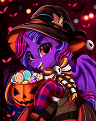 Size: 2550x3209 | Tagged: safe, artist:pridark, oc, oc only, oc:violet rose ze vampony, pony, undead, vampire, vampony, candy, clothes, food, halloween, hat, high res, holiday, latex, latex socks, pumpkin bucket, socks, solo, striped socks, witch hat