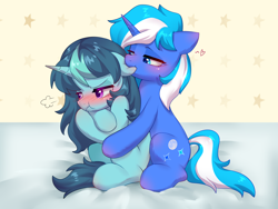 Size: 4000x3000 | Tagged: safe, artist:fantasysong, oc, oc only, pony, unicorn, biting, blushing, duo, ear bite, female, high res, horn, mare, sitting