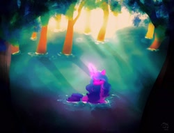 Size: 2048x1561 | Tagged: safe, artist:petaltwinkle, izzy moonbow, pony, unicorn, g5, crepuscular rays, eyes closed, female, forest, glowing, glowing horn, horn, mare, partially submerged, solo