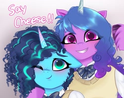 Size: 2048x1623 | Tagged: dead source, safe, artist:petaltwinkle, izzy moonbow, misty brightdawn, pony, unicorn, g5, blushing, bowtie, clothes, duo, floppy ears, grin, hug, looking at you, multiple variants, one eye closed, smiling, smiling at you, vest