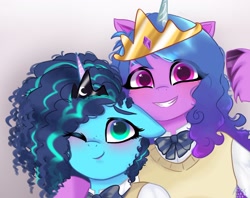 Size: 2048x1623 | Tagged: safe, alternate version, artist:petaltwinkle, izzy moonbow, misty brightdawn, pony, unicorn, g5, blushing, bowtie, clothes, crown, duo, floppy ears, grin, heart, heart eyes, hug, jewelry, looking at you, multiple variants, one eye closed, regalia, smiling, smiling at you, vest, wingding eyes