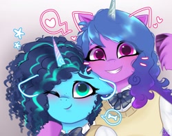 Size: 2048x1623 | Tagged: safe, alternate version, artist:petaltwinkle, izzy moonbow, misty brightdawn, pony, unicorn, g5, blushing, bowtie, clothes, duo, floppy ears, grin, heart, hug, looking at you, multiple variants, one eye closed, pictogram, smiling, smiling at you, vest