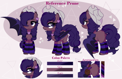Size: 3352x2167 | Tagged: safe, artist:2pandita, oc, oc only, oc:prune, bat pony, pony, bat pony oc, butt, clothes, female, hat, high res, leg warmers, mare, plot, reference sheet, solo
