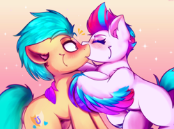 Size: 2970x2208 | Tagged: safe, artist:legionsunite, hitch trailblazer, zipp storm, earth pony, pegasus, pony, g5, blushing, duo, female, high res, hug, kiss on the lips, kissing, male, ship:stormblazer, shipping, simple background, stallion, straight, surprise kiss, surprised, wide eyes, winghug, wings