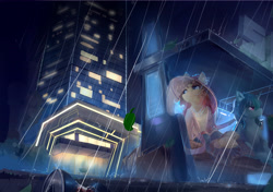 Size: 8500x6000 | Tagged: source needed, safe, artist:erenrat_yun, oc, oc only, earth pony, pony, unicorn, absurd resolution, bus stop, duo, night, rain, skyscraper