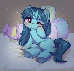 Size: 1024x988 | Tagged: safe, artist:fantasysong, oc, oc only, pony, unicorn, bed, blushing, chest fluff, female, filly, foal, on bed, one eye closed, pillow, sleepy, solo