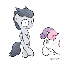 Size: 3000x3000 | Tagged: safe, artist:widelake, rumble, sweetie belle, pegasus, pony, unicorn, g4, bipedal, blushing, colt, crossed legs, duo, female, filly, foal, high res, male, shocked eyes, simple background, white background