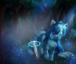 Size: 3800x3200 | Tagged: source needed, safe, artist:erenrat_yun, oc, oc only, pony, unicorn, forest, high res, injured, magic, puddle, rain, solo, sword, telekinesis, weapon