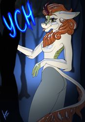 Size: 1640x2360 | Tagged: safe, artist:stirren, autumn blaze, kirin, anthro, g4, :p, bodysuit, clothes, commission, cosplay, costume, forest, latex, pinup, ponysuit, pose, solo, tongue out, tree, your character here