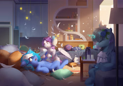 Size: 5000x3500 | Tagged: source needed, safe, artist:erenrat_yun, oc, oc only, pony, book, bookshelf, family, feather, pillow, pillow fight, trio