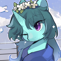 Size: 2500x2500 | Tagged: artist needed, safe, oc, oc only, pony, unicorn, floral head wreath, flower, high res, one eye closed, wink