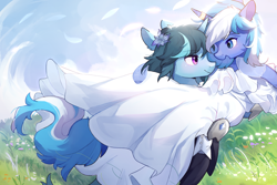 Size: 3000x2000 | Tagged: safe, alternate version, artist:猞塔, oc, oc only, pony, unicorn, bridal carry, carrying, clothes, dress, duo, female, high res, lesbian, marriage, ring, wedding, wedding dress, wedding ring