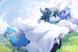 Size: 3000x2000 | Tagged: safe, alternate version, artist:猞塔, oc, oc only, pony, unicorn, bridal carry, carrying, clothes, dress, duo, female, high res, lesbian, marriage, ring, wedding, wedding dress, wedding ring, wedding veil