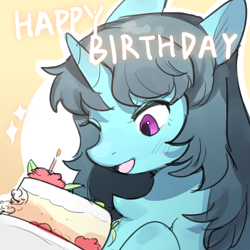 Size: 1400x1400 | Tagged: safe, artist:猞塔, oc, oc only, pony, unicorn, birthday, cake, candle, food, solo