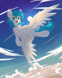 Size: 2400x3000 | Tagged: safe, artist:zylgchs, oc, oc only, oc:cynosura, pegasus, pony, cloud, flying, high res, moon, night, night sky, pegasus oc, sky, solo, stars