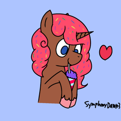 Size: 1000x1000 | Tagged: safe, artist:symphonydawn3, oc, oc only, oc:cuddle cakes, pony, unicorn, commission, drink, heart, horn, male, simple background, sipping, smiling, smoothie, solo, stallion, unicorn oc, ych result