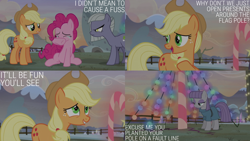 Size: 2000x1125 | Tagged: safe, edit, edited screencap, editor:quoterific, screencap, applejack, limestone pie, maud pie, pinkie pie, earth pony, pony, g4, hearthbreakers, candy, candy cane, crying, food