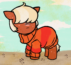Size: 2658x2421 | Tagged: safe, artist:manticorpse, oc, oc:rubus turnover, earth pony, pony, baby, baby pony, blonde hair, blonde mane, brown coat, clothes, cute, foal, hair over eyes, high res, simple background, solo, sweater