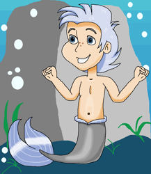 Size: 750x863 | Tagged: safe, artist:ocean lover, chipcutter, human, merboy, merman, g4, bare shoulders, belly, belly button, blue eyes, boulder, bubble, child, coral, cute, fins, freckles, grey hair, human coloration, humanized, light skin, male, mermay, ocean, rock, sleeveless, smiling, species swap, tail, tail fin, underwater, water