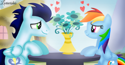 Size: 1980x1020 | Tagged: safe, artist:mlplary6, rainbow dash, soarin', pegasus, pony, g4, boyfriend and girlfriend, date, duo, female, flower, heart, looking at each other, looking at someone, love, male, mare, romantic, ship:soarindash, shipping, sitting, smiling, smiling at each other, stallion, straight, table