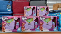 Size: 4000x2250 | Tagged: safe, sunny starscout, earth pony, pony, g5, bubble, bubble blower, cooler, female, hasbro, hasbro logo, irl, logo, looking at you, merchandise, my little pony logo, photo, pins, price tag, solo, toy