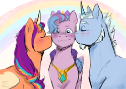 Size: 4132x2919 | Tagged: safe, artist:daisy_marshmallow, alphabittle blossomforth, queen haven, sunny starscout, alicorn, pegasus, pony, unicorn, g5, artificial horn, artificial wings, augmented, bisexual, bisexual sandwich, blushing, cheek kiss, colored sketch, colored wings, eye clipping through hair, eyebrows, eyebrows visible through hair, female, folded wings, high res, kiss sandwich, kissing, lesbian, love triangle, male, mane stripe sunny, mare, multicolored wings, race swap, rainbow, ship:alphahaven, ship:sunnyhaven, shipping, sketch, smiling, stallion, straight, sunnycorn, trio, wings