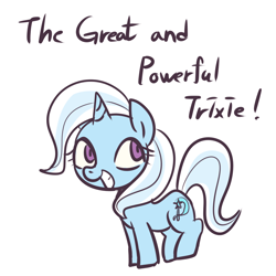 Size: 1000x1000 | Tagged: safe, artist:maren, trixie, pony, unicorn, g4, 2014, cute, dialogue, diatrixes, female, great and powerful, grin, looking away, mare, old art, simple background, smiling, solo, white background