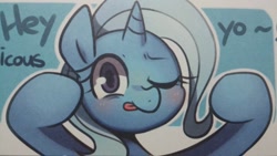 Size: 1040x585 | Tagged: safe, artist:maren, trixie, pony, unicorn, g4, 2014, :p, blushing, bust, dialogue, female, hooves up, looking at you, mare, old art, one eye closed, solo, tongue out, yo