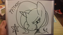 Size: 1040x585 | Tagged: safe, artist:maren, trixie, pony, unicorn, g4, 2014, bust, doodle, evil smile, female, grin, mare, marker drawing, old art, portrait, smiling, solo, traditional art, wand