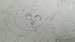 Size: 1280x720 | Tagged: safe, artist:maren, trixie, pony, unicorn, g4, 2017, clothes, doodle, female, hat, korean, looking up, mare, old art, open mouth, panic, pinpoint eyes, raised hoof, solo, traditional art, trixie's hat, underhoof