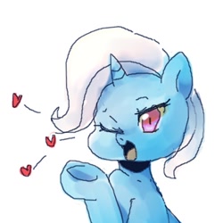 Size: 600x600 | Tagged: safe, artist:maren, trixie, pony, unicorn, g4, 2017, blowing a kiss, bust, female, heart, mare, old art, one eye closed, open mouth, simple background, sitting, solo, white background, wink
