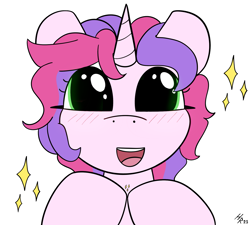 Size: 1857x1668 | Tagged: safe, artist:hardrock, oc, oc only, oc:melody (melodylibris), pony, unicorn, big eyes, bust, happy, hooves together, open mouth, portrait, simple background, solo, sparkles, white background