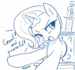 Size: 1614x1520 | Tagged: safe, artist:maren, trixie, pony, unicorn, 2020, box, box sawing trick, dialogue, doodle, female, glowing, glowing horn, horn, magic, magic trick, mare, old art, open mouth, simple background, solo, sword, telekinesis, weapon, white background