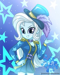 Size: 2015x2490 | Tagged: safe, artist:rjp.rammy, trixie, human, equestria girls, g4, my little pony equestria girls: better together, blushing, breasts, choker, cleavage, clothes, coat, cute, diatrixes, dress, female, grin, hand on hip, hat, high res, looking at you, signature, smiling, smiling at you, solo, top hat, trixie's hat