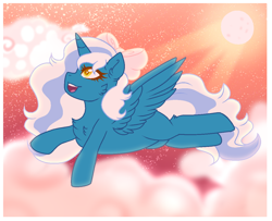 Size: 1180x960 | Tagged: safe, artist:mh-adopts, oc, oc only, oc:fleurbelle, alicorn, pony, alicorn oc, bow, cloud, female, flying, hair bow, horn, mare, sky, solo, wingding eyes, wings, yellow eyes
