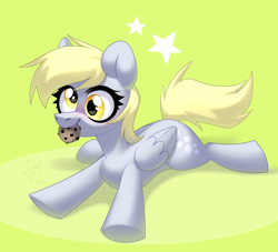 Size: 3300x3000 | Tagged: safe, artist:rtootb, derpy hooves, pegasus, pony, g4, cookie, cross-eyed, cute, daaaaaaaaaaaw, derp, derpabetes, digital art, ears up, eyes open, fanart, female, folded wings, food, green background, happy, high res, lime background, lying down, mare, mouth hold, prone, relaxing, simple background, smiling, soft color, solo, sploot, stars, tail, wings
