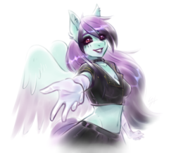 Size: 1500x1300 | Tagged: safe, artist:serodart, oc, oc only, oc:#c0ffee, pegasus, anthro, belly button, black sclera, breasts, choker, cleavage, clothes, cosplay, costume, emo, female, gloves, piercing, rule 63, simple background, sketch, skirt, smiling, solo, white background, wings, yakuza