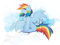Size: 1191x898 | Tagged: safe, artist:kejifox, rainbow dash, pegasus, pony, g4, chest fluff, cloud, ear fluff, female, grin, mare, missing cutie mark, on a cloud, sidemouth, sitting, sitting on a cloud, smiling, smug, smugdash, solo, spread wings, wings