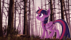 Size: 3840x2160 | Tagged: safe, artist:psfmer, twilight sparkle, alicorn, pony, g4, 3d, forest, high res, solo, tree, twilight sparkle (alicorn)