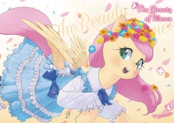 Size: 4071x2871 | Tagged: safe, artist:yanamosuda, fluttershy, pegasus, pony, g4, aside glance, blushing, bow, clothes, dress, female, floral head wreath, flower, flower in hair, frills, frilly, high res, lolita fashion, looking at you, mare, open mouth, open smile, petals, signature, smiling, solo, spread wings, wings