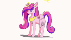 Size: 1433x819 | Tagged: safe, artist:karibela, princess cadance, alicorn, pony, g4, animated, blast, blinking, crown, eye clipping through hair, eyebrows, eyebrows visible through hair, female, gif, jewelry, magic, magic blast, mare, peytral, regalia, shadow, simple background, smiling, solo, spread wings, white background, wings