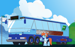 Size: 5120x3200 | Tagged: safe, artist:rain bow, oc, oc only, oc:morning star, pegasus, pony, fallout equestria, building, bus, bus stop, cable, clothes, cloud, cloudsdale, coffee, coffee cup, cup, female, grass, grass field, hill, looking at you, ministry of image, necktie, nimbus, ponytail, radio tower, road, scenery, shirt, shorts, sky, smiling, solo, temple, uniform, vehicle, wing hands, wing hold, wings