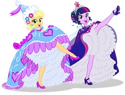 Size: 300x229 | Tagged: safe, artist:sapphiregamgee, applejack, twilight sparkle, human, equestria girls, g4, can-can, clothes, dress, froufrou glittery lacy outfit, gown, high heels, humanized, petticoat, picture for breezies, princess, princess applejack, princess costume, shoes, simple background, white background