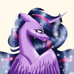 Size: 894x894 | Tagged: safe, artist:galaxynight100, twilight sparkle, alicorn, pony, g4, the last problem, blue mane, crying, curved horn, digital art, ethereal mane, feather, female, flowing mane, horn, looking down, mare, older, older twilight, older twilight sparkle (alicorn), princess twilight 2.0, purple eyes, sad, simple background, solo, sparkles, starry mane, tears of pain, teeth, twilight sparkle (alicorn), white background, wings
