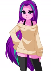 Size: 1400x1970 | Tagged: safe, artist:nekojackun, artist:rosemile mulberry, aria blaze, human, equestria girls, g4, alternate clothes, alternate hairstyle, bra, clothes, female, long hair, long sleeves, looking at you, loose hair, makeup, solo, stockings, sweater, thigh highs, thigh socks, underwear, zettai ryouiki