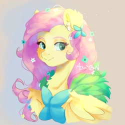 Size: 1536x1536 | Tagged: safe, artist:mikkybun, fluttershy, pegasus, pony, g4, bust, chest fluff, clothes, cute, dress, ear fluff, female, flower, flower in hair, gala dress, gradient background, lidded eyes, looking away, looking sideways, mare, messy mane, partially open wings, shyabetes, signature, solo, three quarter view, wings