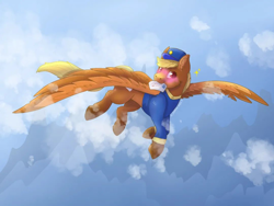 Size: 1080x810 | Tagged: safe, artist:x_paper_dino_x, swift reply, pegasus, pony, g4, blonde, blushing, clothes, cloud, female, flying, hat, letter, mare, mouth hold, signature, sky, sky background, solo, spread wings, uniform, wings