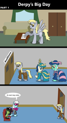 Size: 1920x3516 | Tagged: safe, artist:platinumdrop, bon bon, derpy hooves, lyra heartstrings, photo finish, sweetie drops, oc, oc:filly anon, earth pony, pegasus, pony, unicorn, comic:derpy's big day, g4, 3 panel comic, bedroom, blushing, chair, clothes, comic, commission, couch, curtains, door, dress, dresser, fashion, female, filly, folded wings, hallway, hat, indoors, looking at someone, mare, monocle, muffin, open door, open mouth, open smile, raised hoof, sign, sitting, smiling, speech bubble, spread wings, sunglasses, table, talking, top hat, walking, window, wings