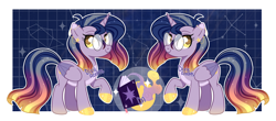 Size: 4092x1804 | Tagged: safe, artist:dixieadopts, oc, oc:sunset dream, alicorn, pony, alicorn oc, blue background, colored eartips, colored wings, colored wingtips, constellation, ear piercing, earring, female, folded wings, glasses, gradient legs, gradient mane, gradient tail, grid, hoof shoes, horn, jewelry, lidded eyes, magical lesbian spawn, mare, offspring, pale belly, parent:sunset shimmer, parent:twilight sparkle, parents:sunsetsparkle, piercing, raised hoof, round glasses, simple background, smiling, solo, sparkly mane, sparkly tail, standing, tail, wings, yellow eyes