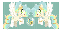 Size: 3936x2000 | Tagged: safe, artist:dixieadopts, oc, oc:garden breeze, pegasus, pony, bracelet, coat markings, colored wings, colored wingtips, female, flying, green eyes, grid, high res, jewelry, laurel wreath, magical lesbian spawn, mare, multicolored wings, necklace, offspring, open mouth, parent:applejack, parent:rainbow dash, parents:appledash, ponytail, simple background, smiling, socks (coat markings), solo, spread wings, tail, tail jewelry, teal background, wings